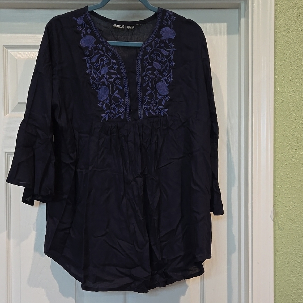 Anandas Collection Blue-on-blue  Embroidered Top, XXL